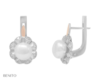 Germana Earrings White Pearl and Fianit Stones - benitojewelry