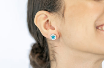 Viola Stud Earrings Teal And White Zirconia Stones - benitojewelry